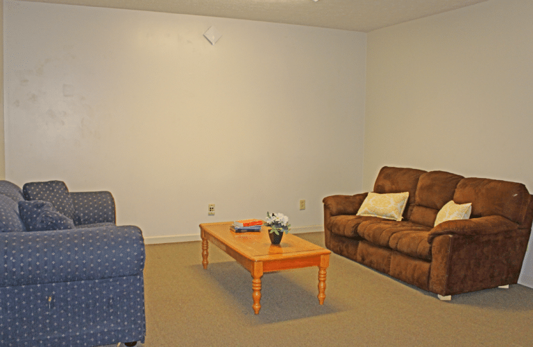 The living room of an apartment in Young Hall. There are two couches and a coffee table.